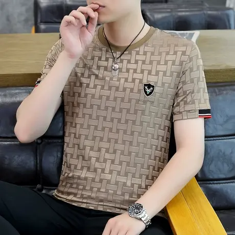 夏季薄款男士烫钻短袖t恤潮流速干透气高弹力帅气半袖冰丝感体恤商品大图