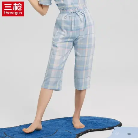 三枪纯棉女夏季睡裤轻薄可外穿七分裤格子宽松休闲家居裤系绳裤子图片