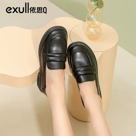 依思q英伦风小皮鞋2024年新款秋款鞋子女软皮低跟乐福鞋黑色单鞋商品大图