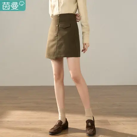 茵曼复古高腰显瘦不规则半身裙女2024春季新款加厚保暖纽扣a字裙图片