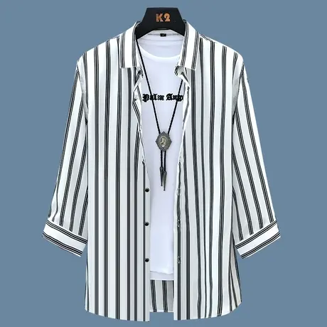 冰丝衬衫男七分袖夏季薄款中袖宽松五分休闲条纹衬衣外套短袖套装商品大图