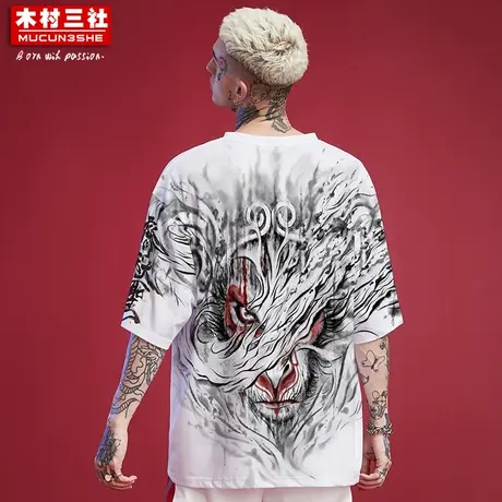 木村三社原创手绘大圣印花国潮宽松T恤五分袖上衣短袖学生青年潮商品大图