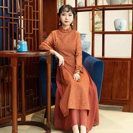 筠雅越南旗袍裙改良奥黛连衣裙女秋装收腰显瘦年轻时尚中式裙子商品大图