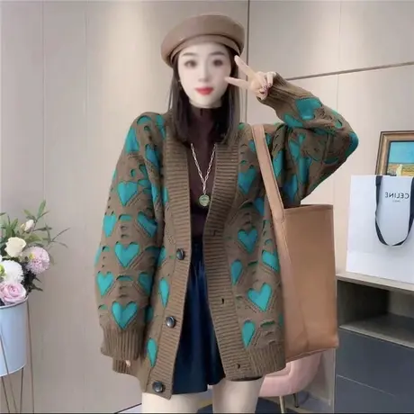 慵懒风毛衣外套女春秋款2023新款复古针织开衫女爱心宽松加厚外穿图片