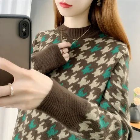 半高领毛衣女内搭打底衫2023秋冬新款套头千鸟格针织衫洋气上衣潮图片