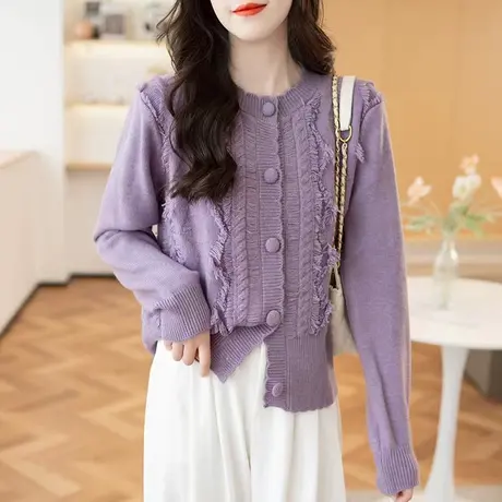 秋季2023新款女装秋装圆领针织开衫女薄款外套外搭小香风毛衣上衣商品大图