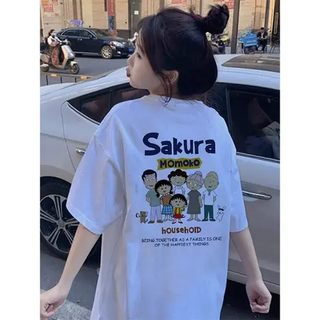 日系可爱樱桃小丸子短袖纯棉t恤女夏季2023新款宽松oversize上衣商品大图