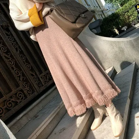 针织半身裙流苏毛线A字中长款裙子复古加厚大摆裙高腰显瘦23秋冬图片