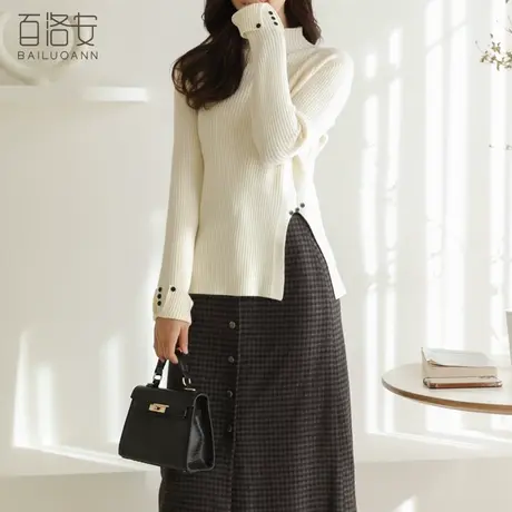 百洛安半高领毛衣女套头冬季新款纯色侧开叉针织衫百搭长袖打底衫图片