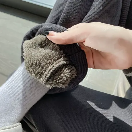 羊羔绒运动裤女灰色2023年秋冬新款高腰宽松显瘦九分休闲束脚卫裤商品大图