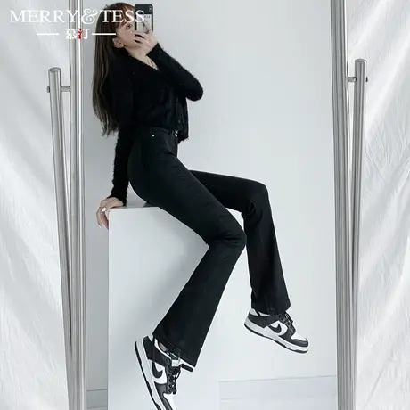 黑色八分微喇叭牛仔裤女春秋2023年新款高腰显瘦弹力小个子阔腿裤图片