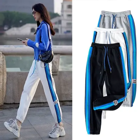 白色休闲运动裤女2023春秋新款宽松显瘦灰色卫裤时尚哈伦束脚裤子图片