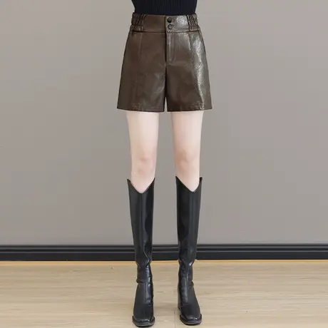 复古PU皮短裤女秋季2023松紧腰宽松显瘦阔腿短裤潮牌百搭气质靴裤图片