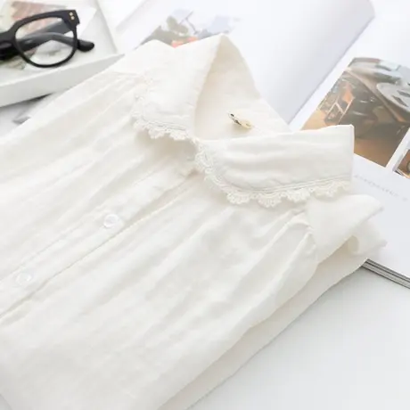 文艺基础款娃娃领蕾丝花边衬衫女春秋季百搭双层棉纱宽松打底衬衣商品大图