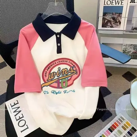 纯棉正肩polo衫短袖t恤女夏季大码宽松设计感小众美式复古上衣服商品大图