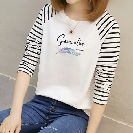 长袖宽松撞色女上衣2022年秋装新款韩版设计感小众印花白色T恤女商品大图