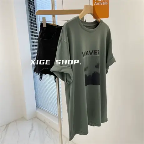 欧美大版字母印花短袖t恤女宽松BF个性抽象图案显瘦中长款上衣潮图片