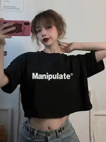 短袖短款上衣女夏季辣妹女装黑粉宽松仿棉夏美式正肩t恤2023新款商品大图