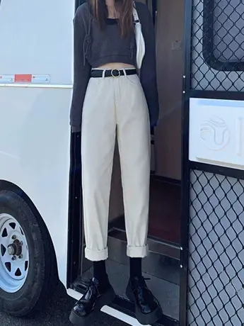 外贸清仓捡漏哈伦牛仔裤女小个子春秋夏米白色高腰显瘦宽松老爹裤商品大图