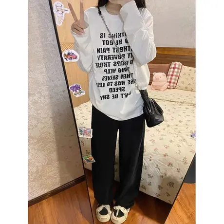 美式复古字母印花T恤长袖女初秋韩版宽松显瘦百搭纯棉上衣打底衫图片