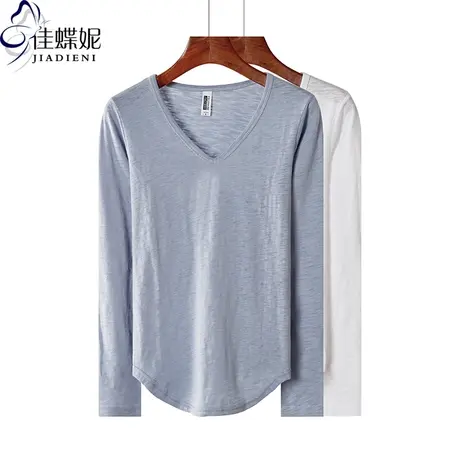 秋季新款韩版V领宽松休闲纯色燕尾摆纯欲竹节棉长袖体恤上衣女装图片