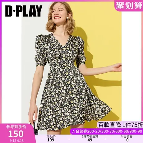 DPLAY夏新款简约ins风黑色印花纯欲风度假感收腰连衣裙图片