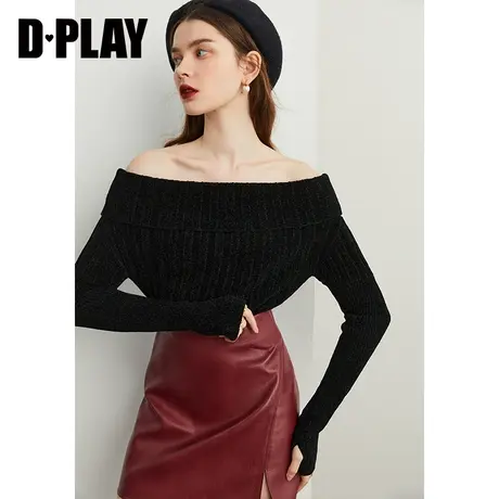 DPLAY秋装新经典黑气质名媛风翻领一字肩雪尼尔两穿针织上衣女商品大图