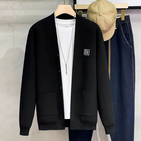 2023秋季青年男士休闲拼接新款刺绣韩版修身潮牌夹克外套针织开衫商品大图