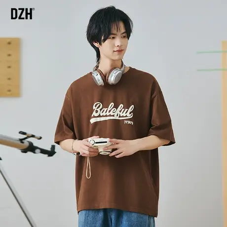 男士美式重磅t恤男短袖纯棉2023新款字母印花上衣宽松五分袖体恤商品大图