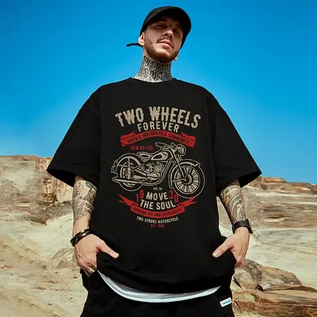 重磅机车潮牌宽松T恤胖子短袖男加肥加大码国潮半袖纯棉男装夏季商品大图