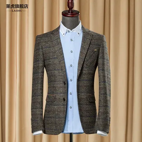 秋冬季时尚修身呢子休闲小西装男士外套格子西服上衣男装中年单西商品大图
