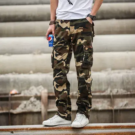 春秋全棉多口袋休闲裤男宽松工装裤男长裤直筒户外男裤大码迷彩裤商品大图