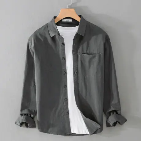 纯棉衬衫男夏季休闲薄款长袖全棉工装卡其色衬衣上衣男士外套春秋商品大图