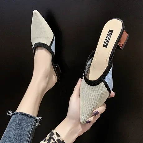 半拖鞋女外穿2023春新款拖鞋尖头ins潮粗跟百搭高跟包头时尚凉拖图片