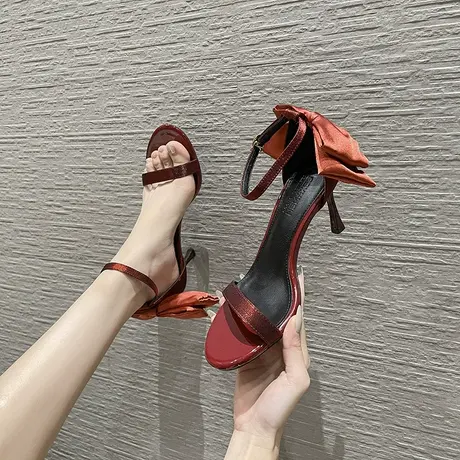 红色蝴蝶结高跟鞋女细跟2022年夏季新款一字扣带露趾气质百搭凉鞋商品大图