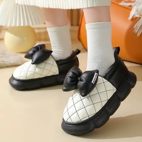 蝴蝶结棉拖鞋女包跟冬季月子保暖加绒防水室内家居厚底可外穿棉鞋商品大图