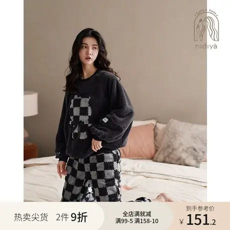 妮狄娅睡衣女秋冬季珊瑚绒圆领套头减龄休闲时尚格子家居服套装商品大图
