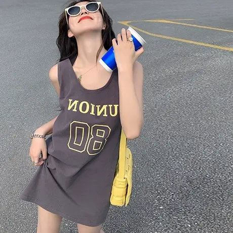 美式复古纯棉港风吊带坎肩背心无袖t恤女夏季外穿宽松篮球服上衣图片