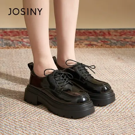 Josiny/卓诗尼超酷黑色系喜感~小皮鞋粗跟漆皮仙女配黑色jk吊炸天商品大图