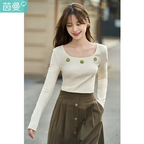 茵曼2023春女装新款田园方领弹力修身显瘦立体感绣花长袖T恤上衣商品大图