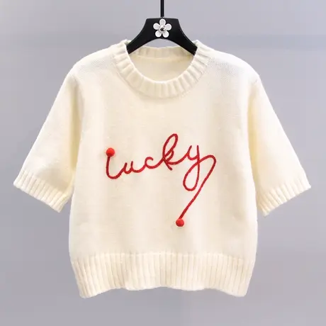 网红字母短款针织衫女2023早春新款设计感小众圆领短袖打底上衣图片