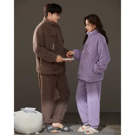 猫人加厚珊瑚绒情侣睡衣冬季拉链立领法兰绒可外穿男女士家居服图片
