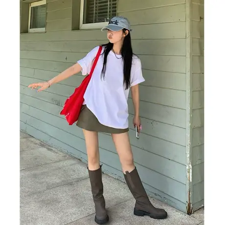 2023夏新款纯色设计感小众正肩宽松chi休闲半袖百搭短袖t恤女上衣商品大图