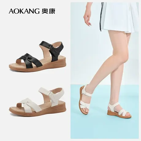 【真皮妈妈鞋】奥康女鞋 新款一字带魔术贴舒适时装凉鞋图片