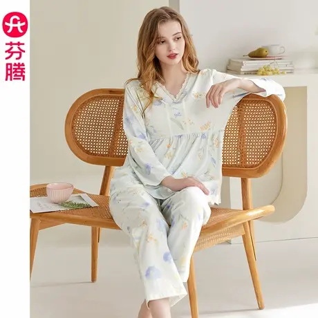 芬腾女士睡衣春秋季纯棉长袖V领套头套装妈妈休闲大码全棉家居服商品大图