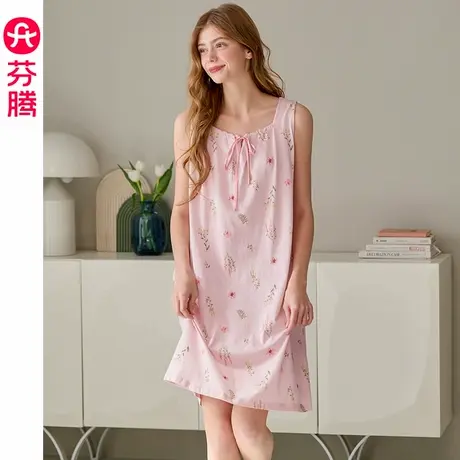 芬腾纯棉睡裙女士薄款夏季无袖睡衣裙女款休闲夏天大码家居服中裙图片