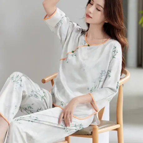中国风中式冰丝睡衣女2025新款春夏秋仿真丝套装高级感丝绸家居服商品大图