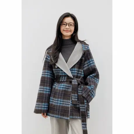弥古蓝色格子大衣连帽小个子宽松两穿羊毛毛呢外套女秋冬时尚女装图片