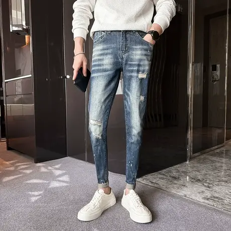 油漆个性潮牌男生休闲长裤渐变色刮烂破洞牛仔裤韩版修身小脚裤男商品大图