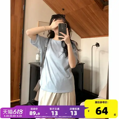yoe蓝色短袖t恤女上衣夏季新款雪花棉女装纯色宽松打底衫薄款圆领商品大图